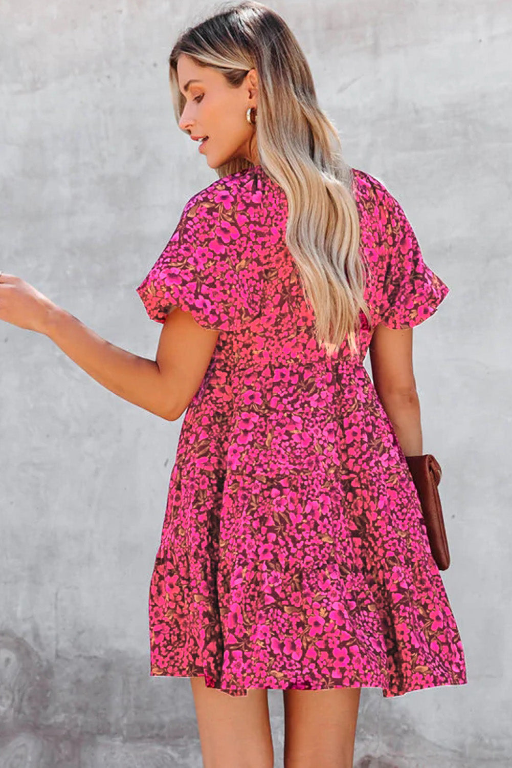 Rose Floral Print Puff Sleeve Babydoll Mini Dress