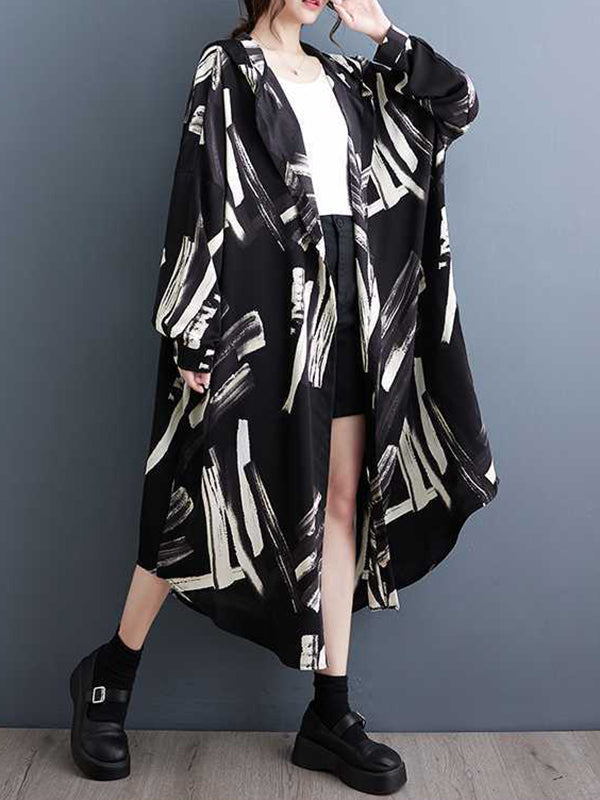 Long Sleeves Loose Buttoned Hooded Printed Midi Dresses Outerwear