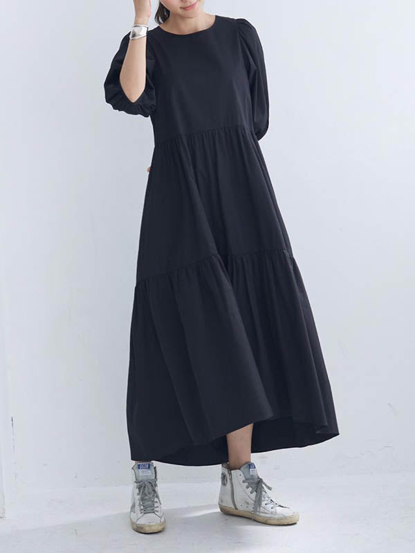 Half Sleeves Puff Sleeves Breathable See-Through Solid Color Round-Neck Midi Dresses
