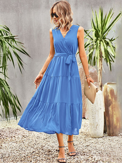 Lace Up Chic V-Neck Sleeveless Midi Dress