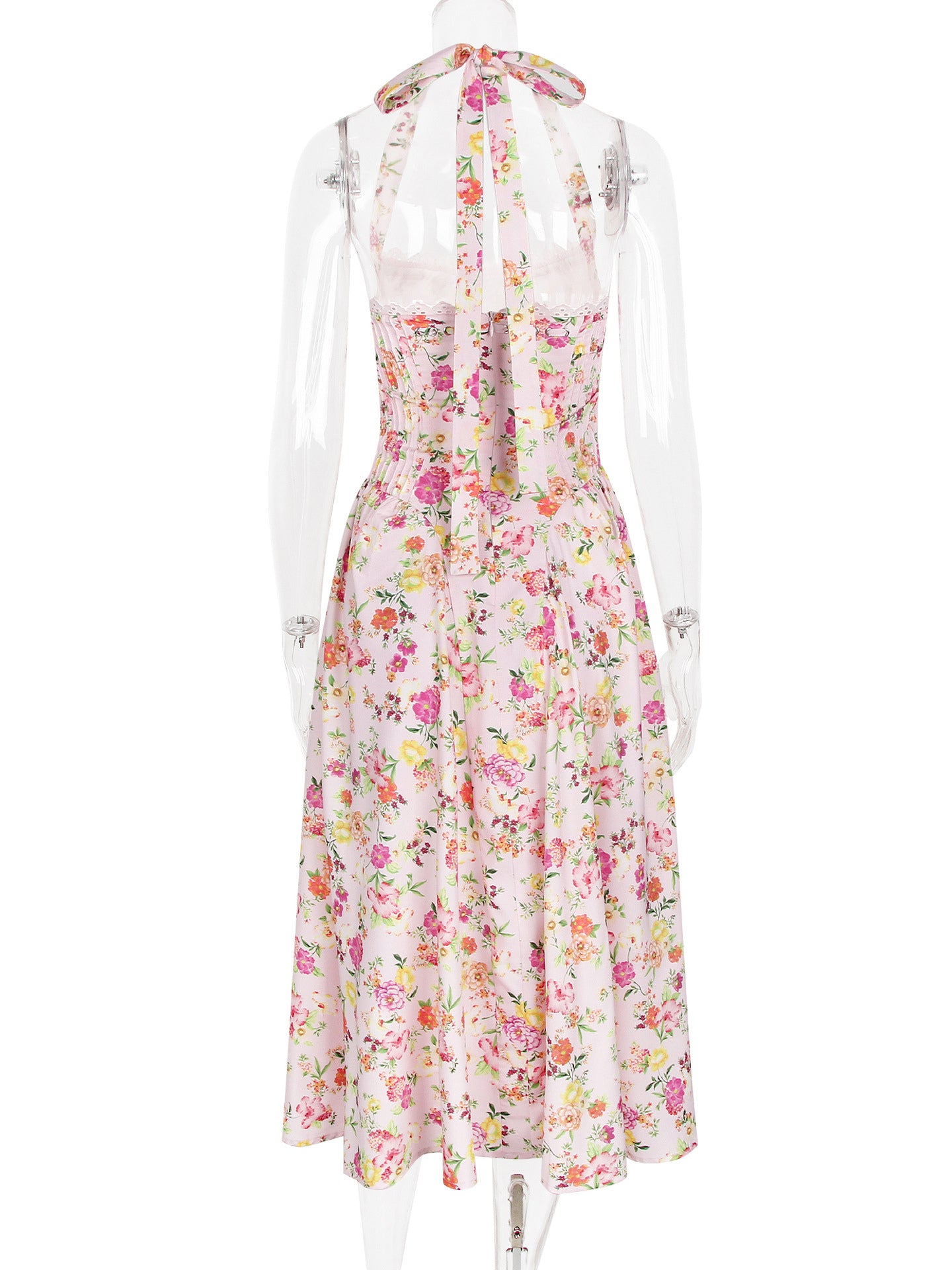 Corset Dress Floral Halter Lace Up Front Pleated Eyelet Trim Party Midi Dresses
