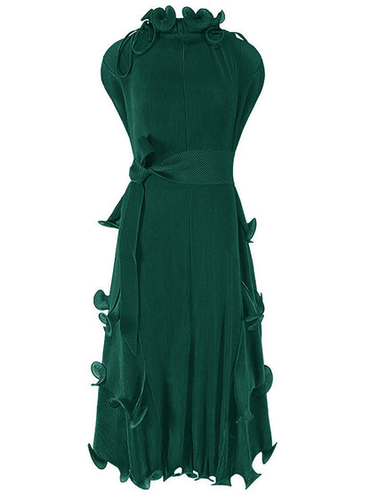 Loose Bandage Lacy Solid Color High-Neck Midi Dresses