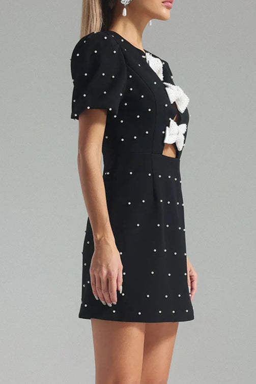 Crew Neck Pearl Stud Bow Front Keyhole Mini Dress
