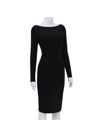 Full Sleeves Backless Pure Slit Midi Dress with Zipper