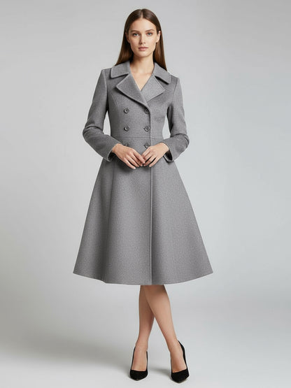 Double-Breasted Wool Blend Midi Coat With Flared A-Line Silhouette For Women 2026