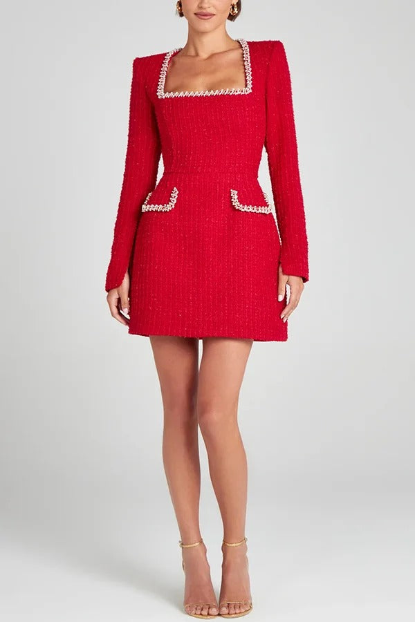 Tweed Square Neck Pearl Trim Long Sleeve Mini Dress