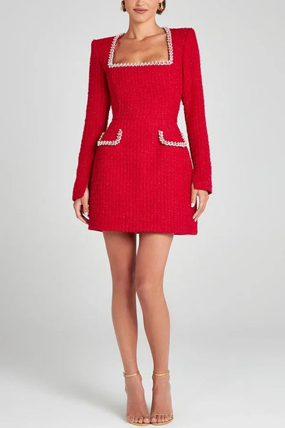 Tweed Square Neck Pearl Trim Long Sleeve Mini Dress