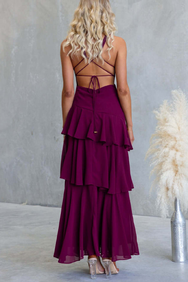 Solid Color V-neck Sleeveless Elegant Layered Maxi Dress
