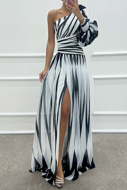 One Shoulder Waisted Slit Printed Maxi Dress