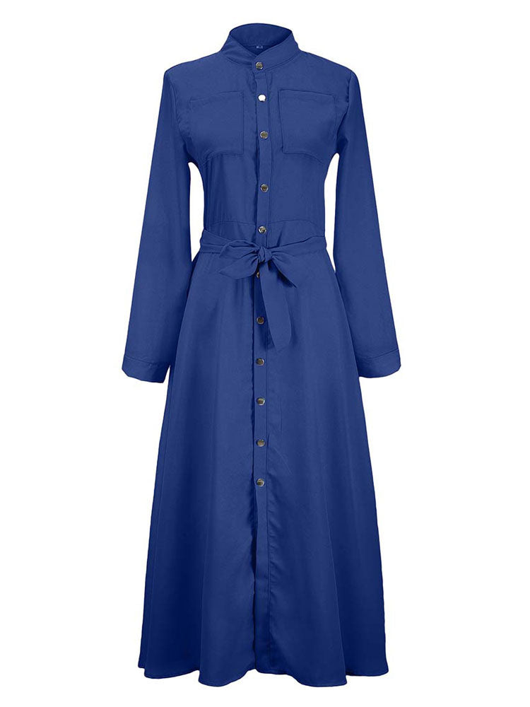 Women Maxi Dresses High Rise Stand Collar Buttons Long Sleeves Floor Length Shirt Dress