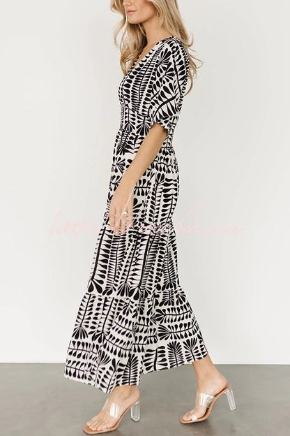 Bohemian Style Unique Printed Short Sleeve High Waist Midi Dress