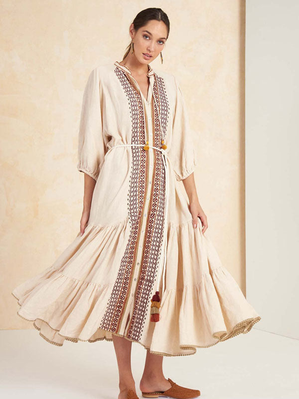 Boho Dress V-Neck 3/4 Length Sleeves Light Apricot Embroidered Bohemian Gypsy Beach Vacation Spring Summer Midi Dress For Women