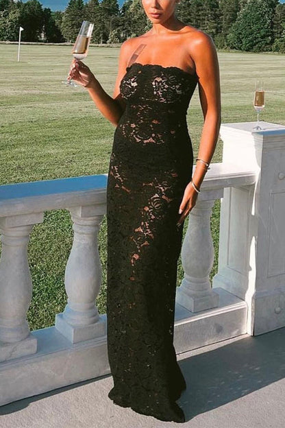 Strapless Lace Hollow Out Bodycon Maxi Dress