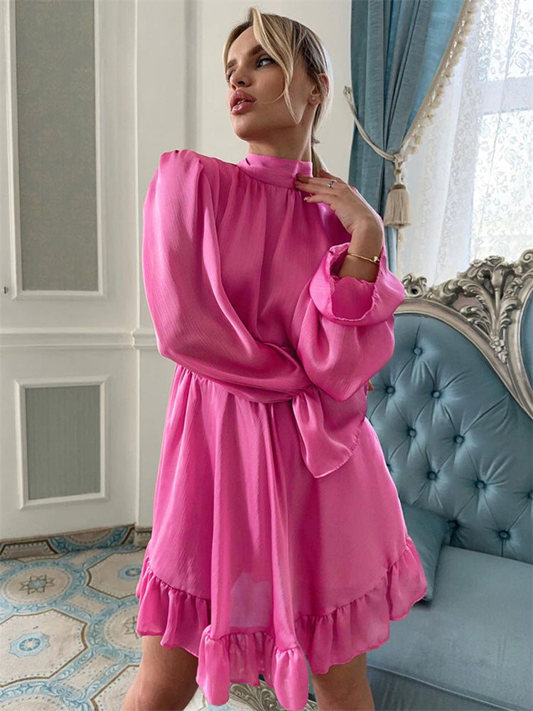 Tossy Ruffled Lace-Up Slim Mini Dress Women Long Sleeve Elegant Patchwork Casual Solid Dress