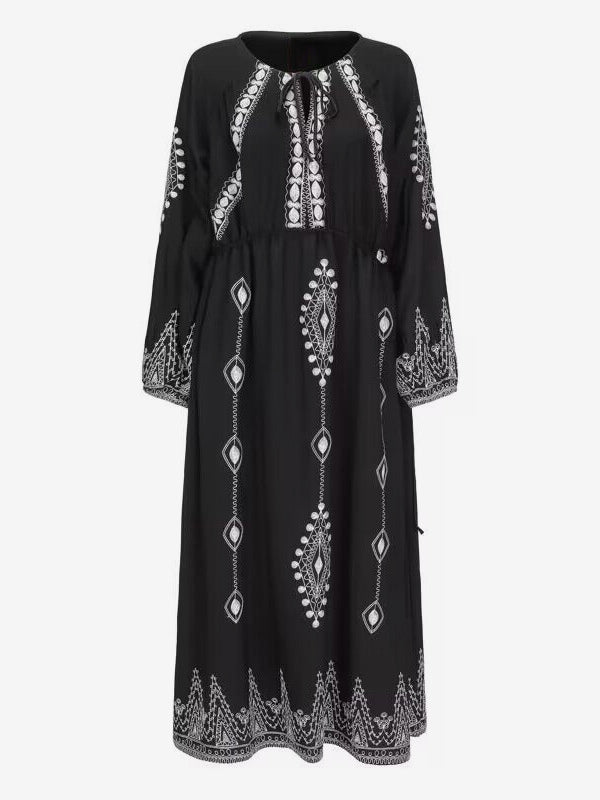 Geo Printed Boho Dress Lace Up Round Neck Daily Casual Maxi Dresses