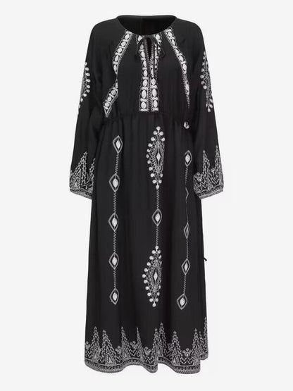 Geo Printed Boho Dress Lace Up Round Neck Daily Casual Maxi Dresses