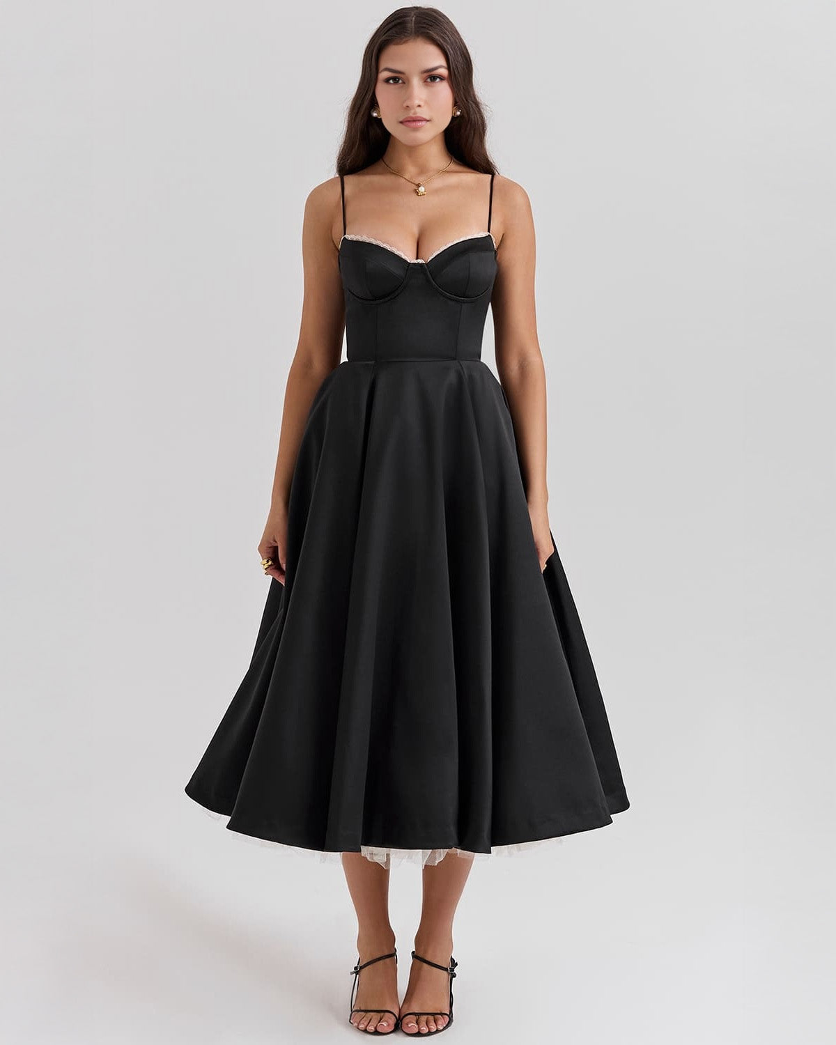Sweetheart Spaghetti Strap Lace Trim Corset Bodice Fit and Flare Midi Dress