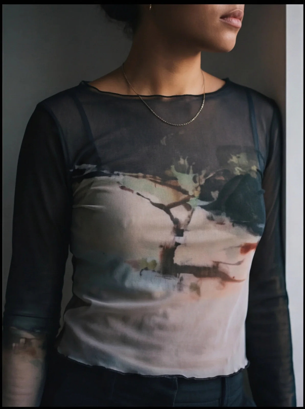 Abstract Print Black Mesh Long Sleeve Sheer Top