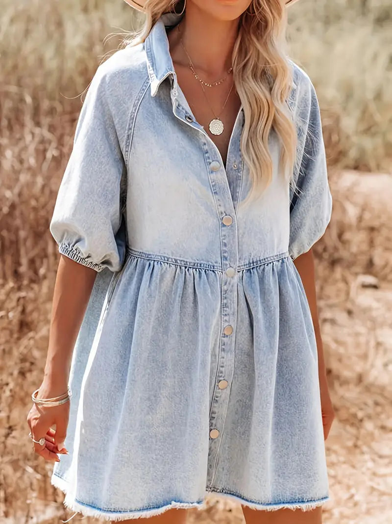 Denim Button-Down Collar Puff Sleeve Empire Waist Frayed Hem Babydoll Mini Dress