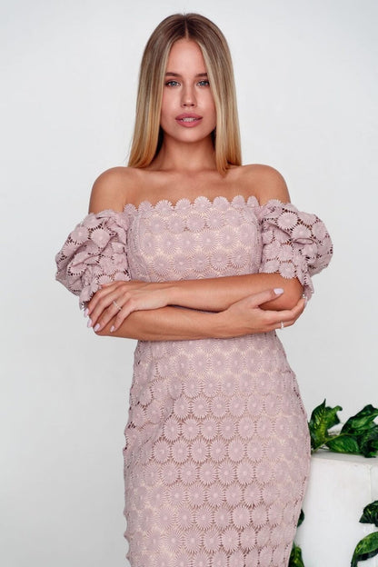 Floral Lace Square Neck Puff Sleeve Scalloped Hem Bodycon Midi Dress