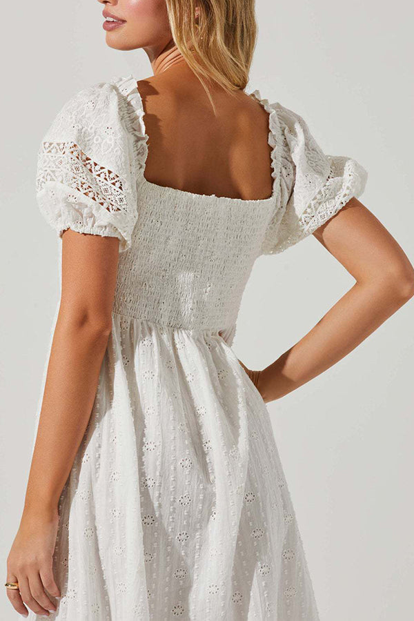 Solid Color Slim Short Sleeve Lace Midi Dress