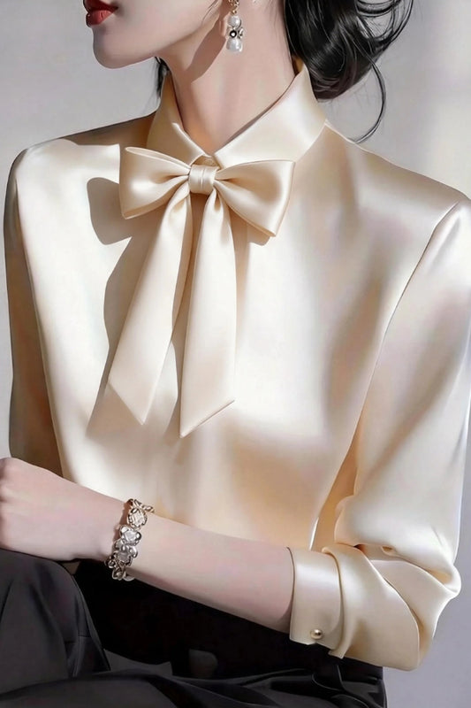 Solid Color Lapel Bow Tie Long-sleeved Casual Shirt