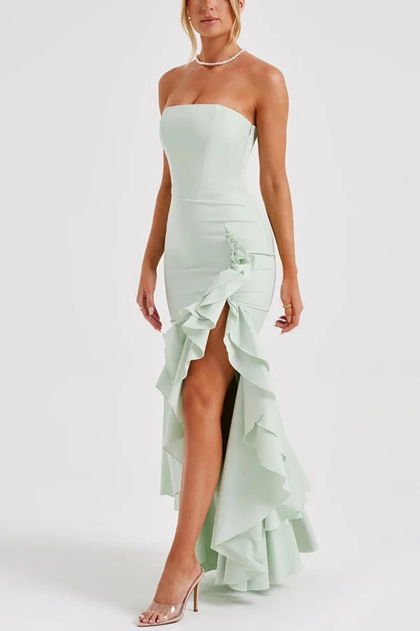 Strapless Ruched Hip Cascade Tiered Ruffle High-Low Maxi Gown
