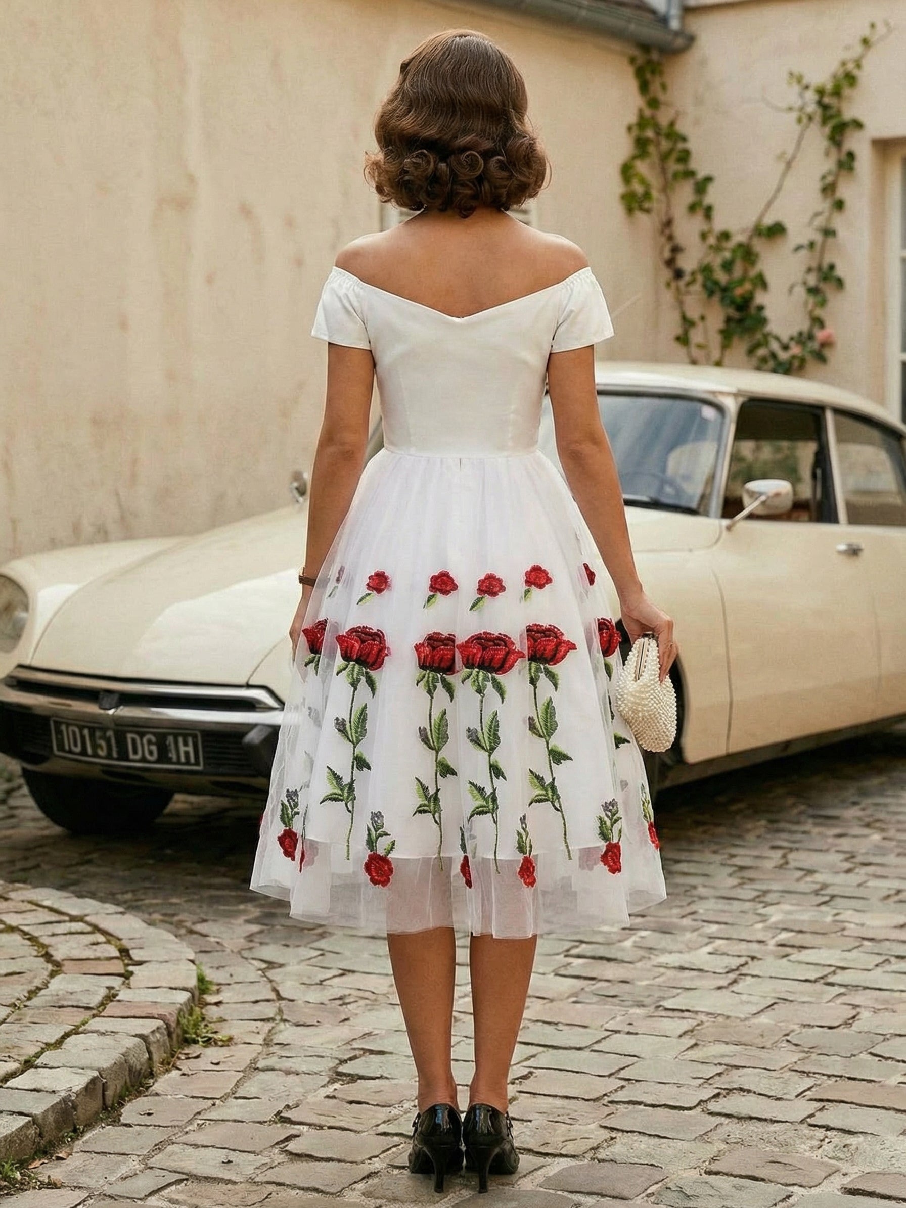 Rose Embroidered Vintage Midi Swing Dress for Women - 1950s Off Shoulder Style A-Line - Summer Tea Party 2026