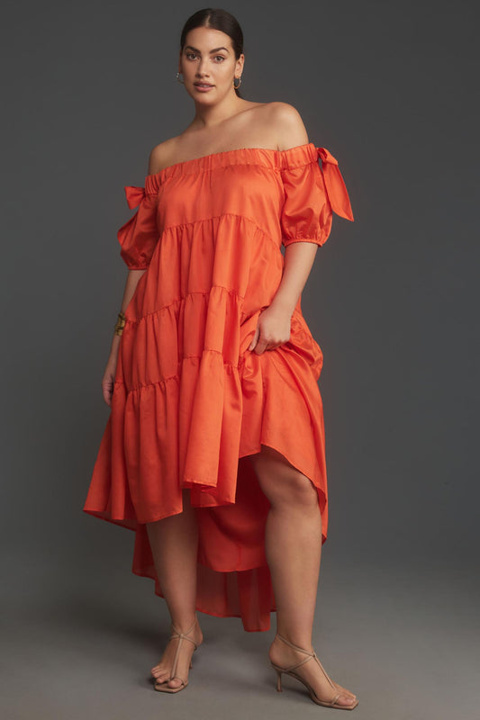 The-Shoulder Tiered High-Low Midi Dress
