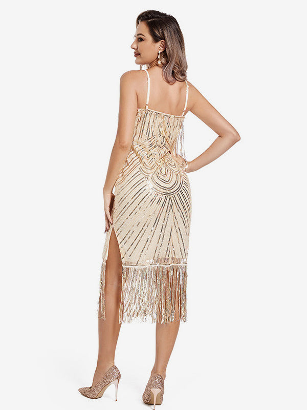 Gold Retro Dress Sequins Sleeveless Fringe Short Swing Mini Dresses