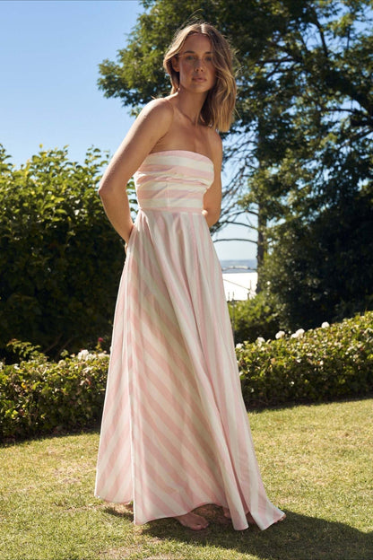 Strapless Horizontal Stripe Bodice Diagonal Stripe A-Line Maxi Dress