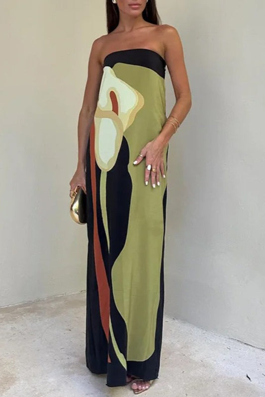 Strapless Bandeau Abstract Floral Print Column Maxi Dress