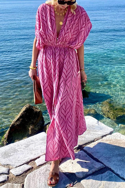 Abstract Flame Print Kimono Sleeve Drawstring Waist Front Slit Maxi Dress