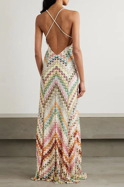 Contrast Color V-Neck Boho Dress