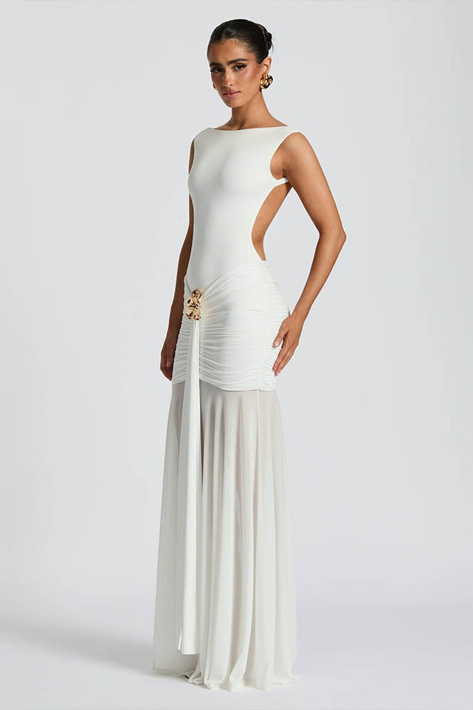 Sexy Solid Sleeveless Backless Ruched Waist Slit Formal Dress