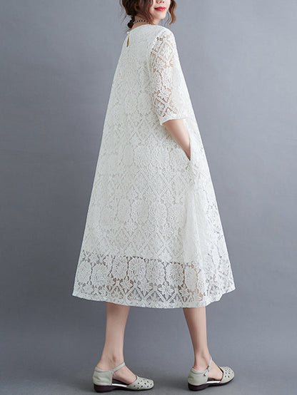 Casual Half Sleeves Loose Solid Color Round-Neck Midi Dresses