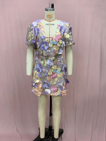 Party Dress Applique Short Sleeves V-Neck Birthday Party Mini Dresses