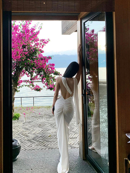French-Inspired White Ribbon Tie Backless Maxi Dress – Beach & Evening Elegance