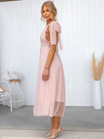 Summer Midi Dress Pink V-Neck Lace Up Tulle Beach Dress