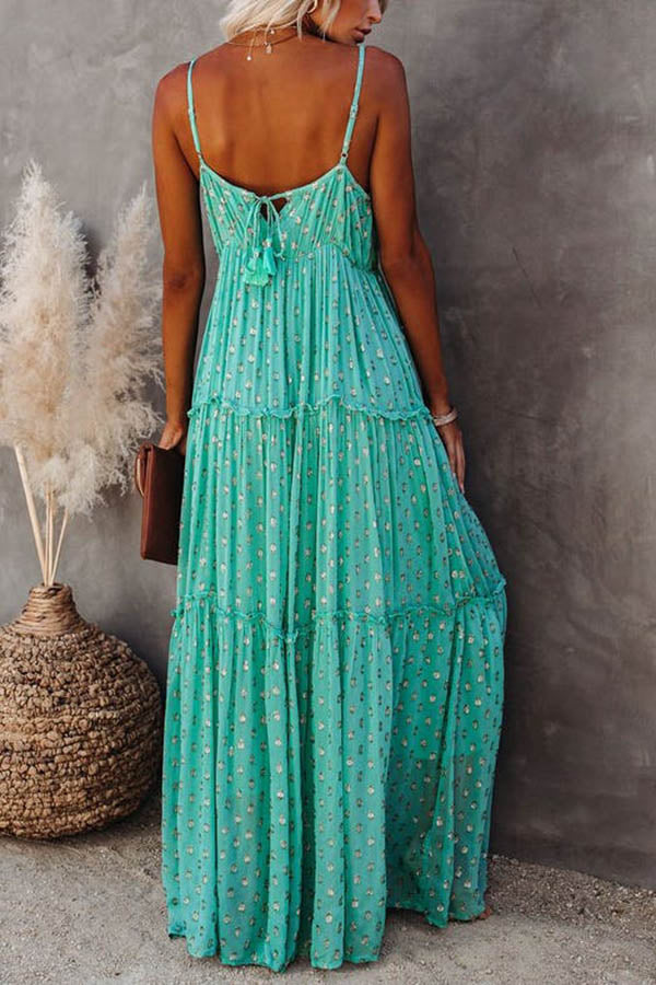 Polka Dot Print V-Neck Spaghetti Strap Tiered Ruffle Trim Maxi Dress