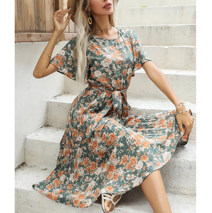 Ruffle Sleeve Round Neck Pleated Maxi Dress in Black Blue White