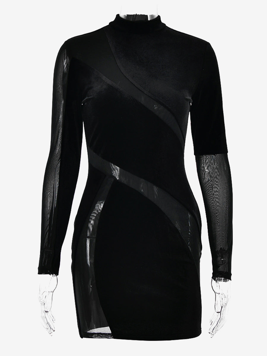 Seductive Bodycon Dress Long Sleeves Patchwork Illusion Mini Dresses