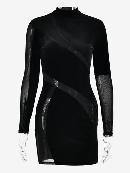 Seductive Bodycon Dress Long Sleeves Patchwork Illusion Mini Dresses