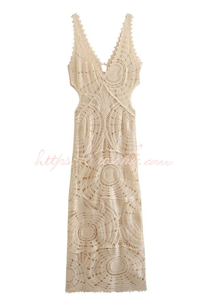 On Vacay Time Crochet Lace Cutout Waist Coverup Stretch Maxi Dress