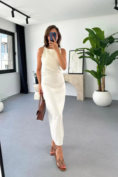 Boat Neck Sleeveless Side Ruched Linen Midi Dress