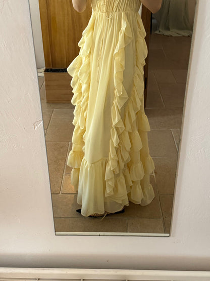 Sunset Ruffle Asymmetrical Maxi Dress – Romantic Flowy Vacation Look gunne sax vintage dress