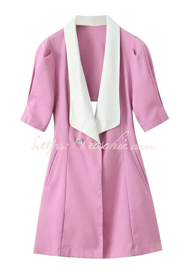 Stylish Contrast Lapel Backless Bow Shirt Style Pocket Mini Dress