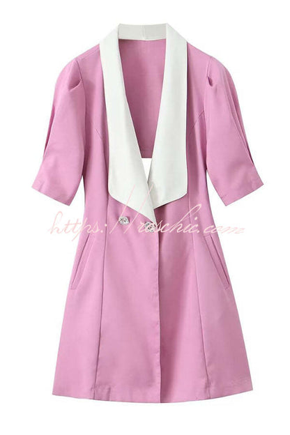 Stylish Contrast Lapel Backless Bow Shirt Style Pocket Mini Dress