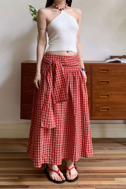Color Block Plaid Tie Side Zip Loose Skirt