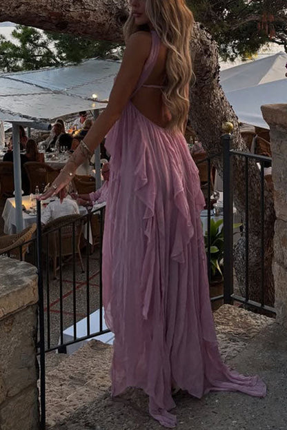 Sleeveless Open Back High Slit Ruffle Maxi Dress